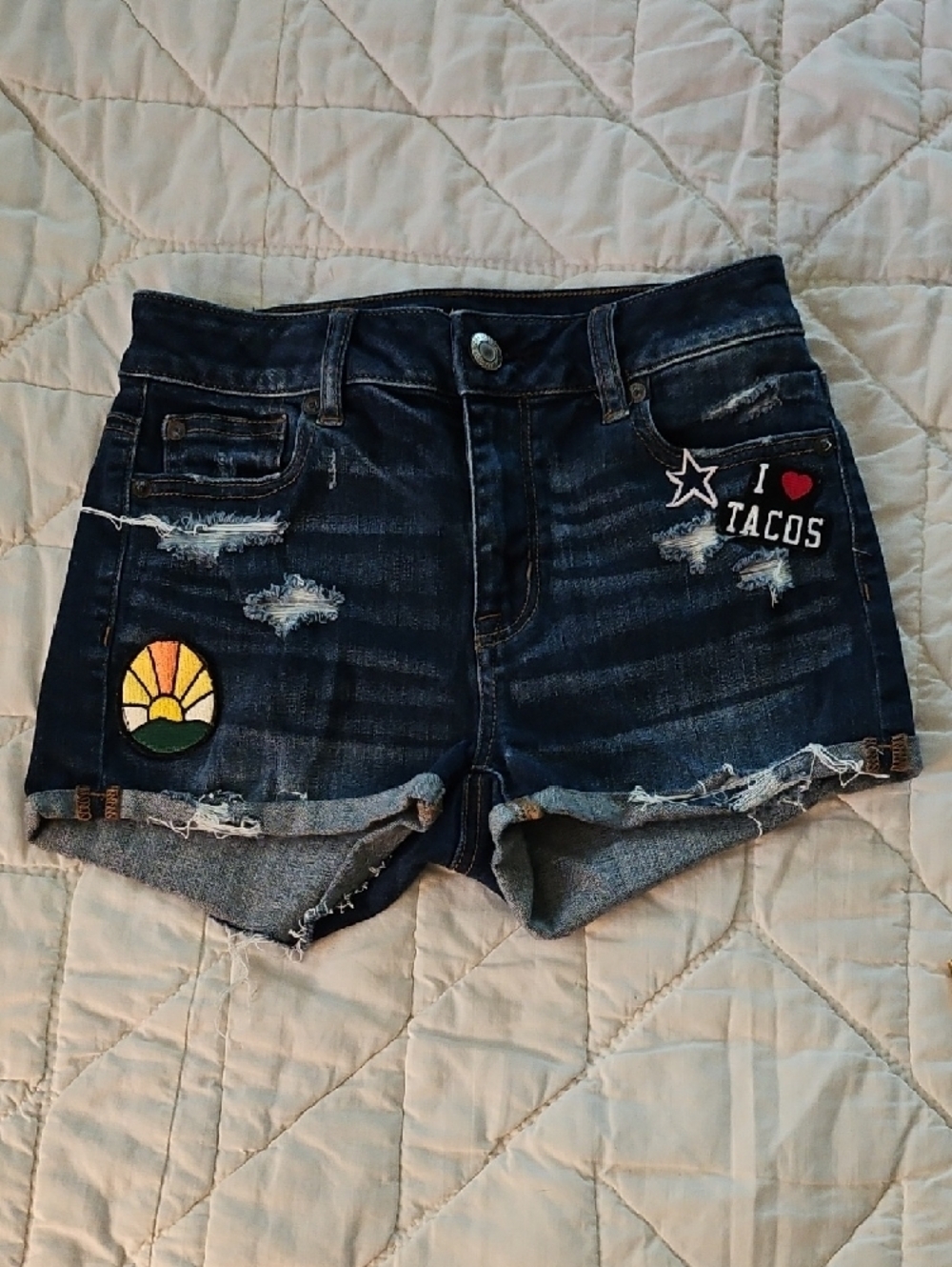American Eagle Outfitters-"I Love Tacos" Shorts Super Stretch Distressed -Size 0